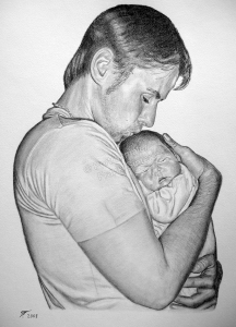 Bleistiftzeichnungen Portraitzeichnung Mann mit seinem Baby, Bleistiftzeichnung Zeichner